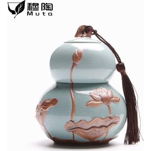 Gourd tea pot ceramic sealed pot household stoneware retro double-layer creative universal tea pot storage pot customization