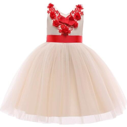 Neckline Stitching Flowers Kid Costume Girls Dress Cute Sweet Dresses for Girls Leisure Popular Pleated Princess Dress