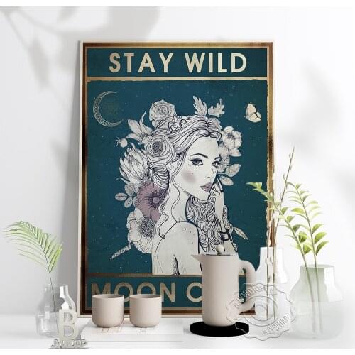 Stay Wild Moon Child Retro Poster Fashion Long Hair Girl Flower Crescent Wall Stickers Nordic Style Funny Home Art Decor Gift