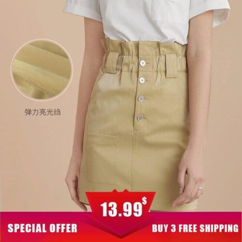 FANSILANEN Women Solid Button-shaped Decorative Elastic Waist Mini Skirts