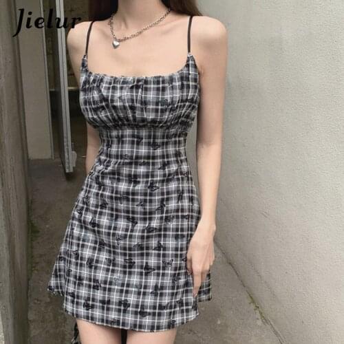 Jielur Retro Plaid Butterfly Printing Dresses for Womens A-line Dark Gray Camisole Dress Female High Waist Mini Dresses S-L