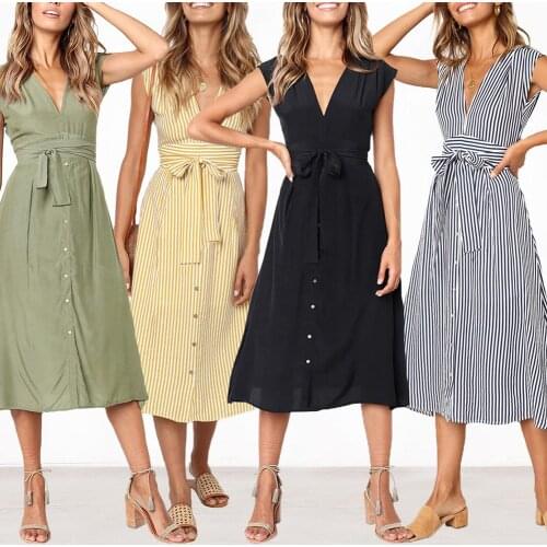HOT SALES!!! New Arrival Summer Solid Color Striped Women V Neck Sleeveless Belted Buttons Midi Dress Wholesale Dropshipping