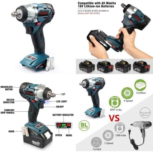 18V 6.0AH Lithium-Ion Battery +18V Cordless Impact Wrench Brushless 4 Speed 1/2 Automatic Power Tool for Car Tyre Scaffolding