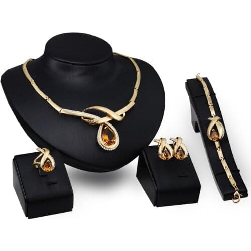 MIQIAO Gold Plated Luxury Crystal Pendant Collar Necklace Piercing Earring Rings Bracelet Bangle Jewelry Sets for Women Wedding