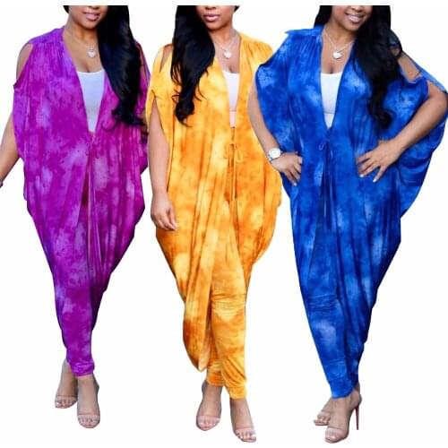 Fashion Print two piece set Women clothes Batwing Sleeve top and pants cardigan Tights