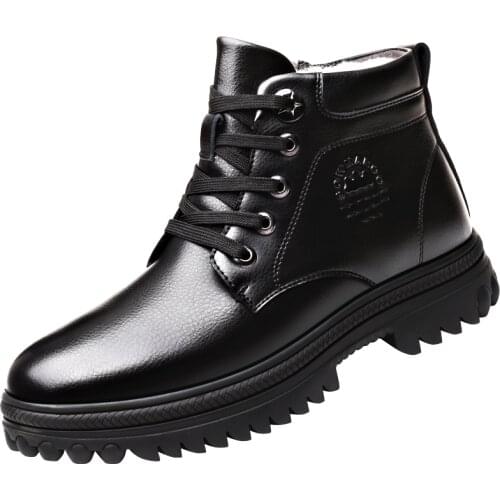 Mens Winter Genuine Leather Wool Cotton Shoes Warm Mens Military Boots Outdoor Non-slip Waterproof Thick-soled Cotton Boots