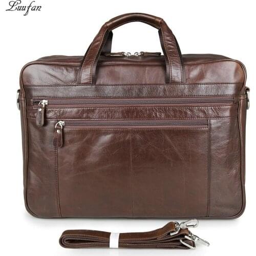 Mens genuine leather briefcase 17" Big real leather laptop tote bag Cow leather business bag double layer travel messenger bag