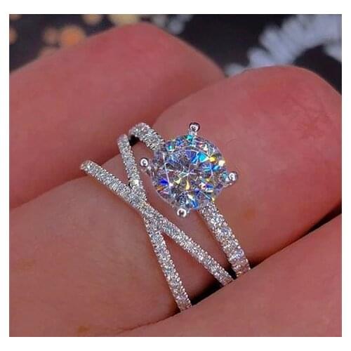 Brand Cute Female Crystal White Round Ring Set Luxury 925 Silver Engagement Ring Vintage Bridal Wedding Rings For Women