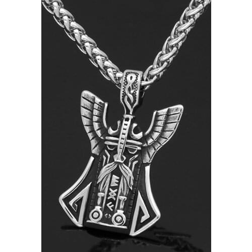 Stainless steel Nordic viking odin face amulet rune pendant necklace with Valknut gift bag