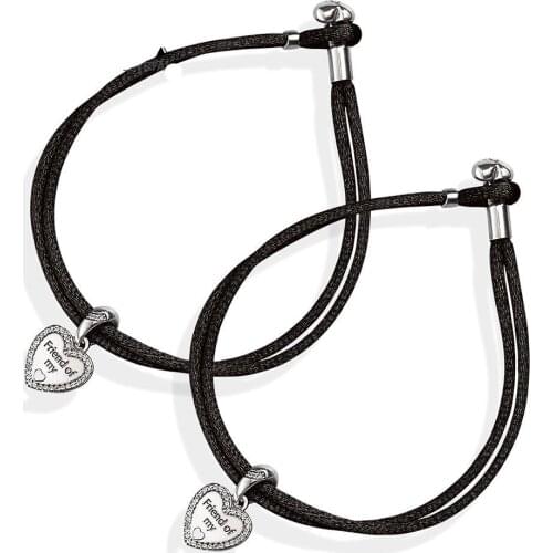 NEW 100% 925 Sterling Silver Minimalist Original FRIEND OF MY HEART HANGING CHARM Fabric Cord Black Bracelet Set CS1717