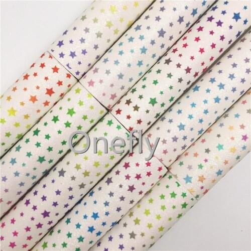 Onefly Rainbow Stars Printed Glitter Leather Fabric With Soft Felt Backing, Synthetic Leather For Bow DIY handbags shoes FZ013