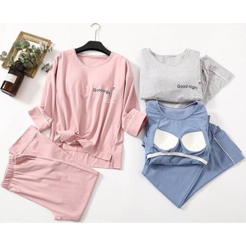 Pajamas with chest pad womens autumn and winter cotton all-in-one long-sleeved cartoon can be worn loose home clothes two-piece