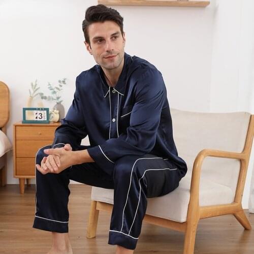 Mens Luxury 19 Momme 100% Genuine Mulberry Silk Pajamas Sets Male Handsome Long-sleeved Sleepwear Home Pyjamas Clothing