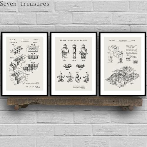 Poster decorations Canvas Painting Legos Blocks Patent Print Toy Blueprint Picture Wall Art Posters Kids Room Decor Vintage