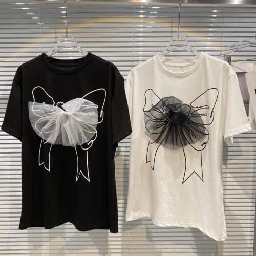 Casual Chic Mesh Big Bowknot Short Sleeve Women T-shirt Summer Short Sleeve Loose Basic Tee Top