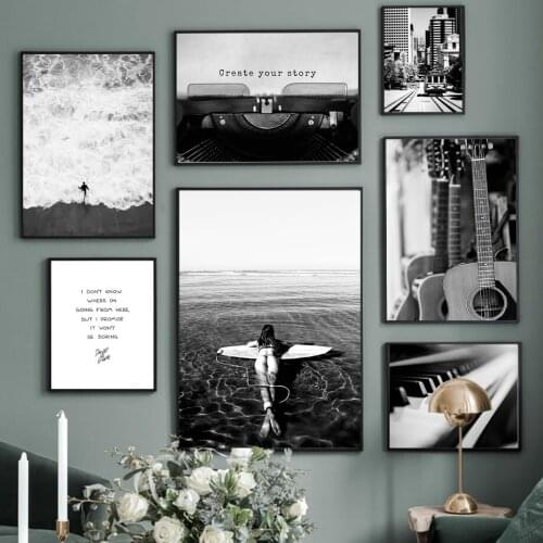 Retro Ocean Woman Surfboard Piano Printer Nordic Posters and Prints Mural Art Canvas Painting Mural Living Room Decoration