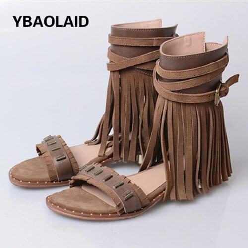 Open Toe Rivet Tassel Rear Strap Belt Buckle High-top Sandals Frosted Cowhide Color Matching Cross Strap Hollow Sandals