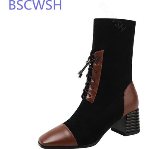 High-heel Socks Boots 2021 Autumn And Winter New Short Boots Square-toe Thick Heel Mid-tube Boots All-match Elastic Boots Woman