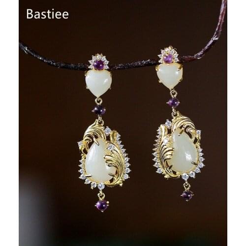 Bastiee Korean Earrings Earrings Silver 925 Jewelry For Women Jade Golden Plated Long Earrings Vintage Silver Earrings