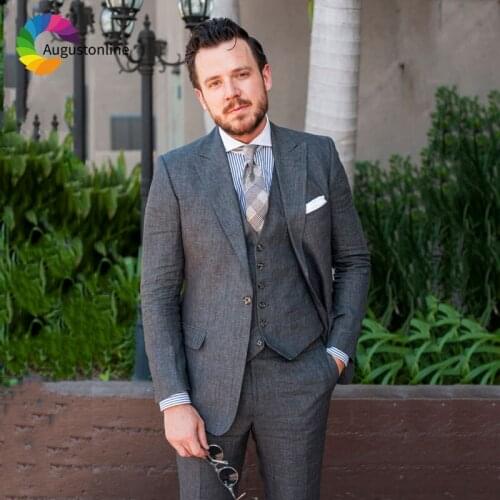Grey Linen Man Blazer Masculino Men Suit with Pants Groom Wedding Suit Peaked Lapel Slim Fit Costume Homme 3 Piece Jacket Vest
