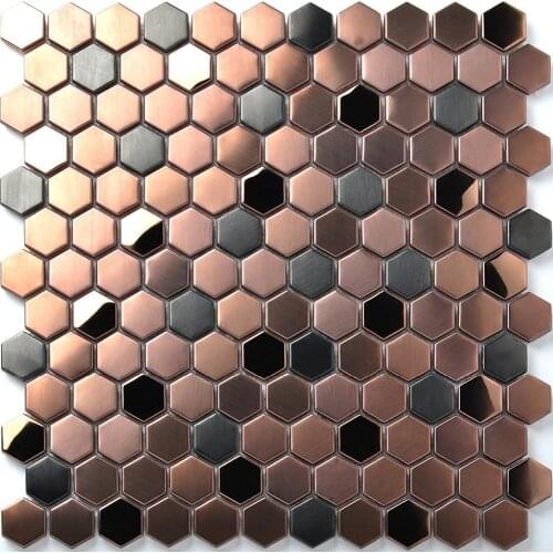 Hexagon Brushed Rose Gold mixed Black Metal Stainless Steel Mosaic Tiles Creative Store Waistline fireplace wall floor til