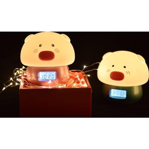 LED Night Light Alarm Clock Silicone Colors USB Charger Cute Pig Table Lamp Light for Room Bedroom Kid Child Home Light Decor