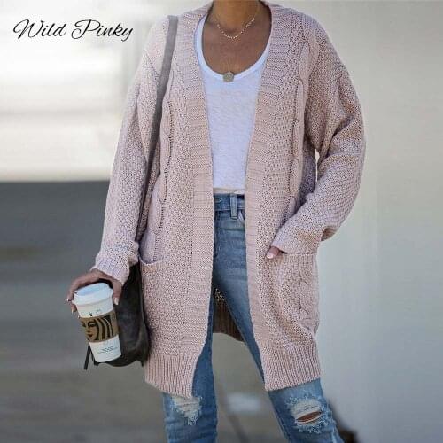 WildPinky Knitted Twisted Cardigan Sweater Women Fashion Long Top Spring Autumn Long Sleeve Casual Outwears V Neck Sweater Coat