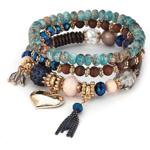 Boho Bead Bracelets & Bangles For Women Fashion Heart Crystal Bracelet Femme Multilayer Tassel Pendant Bijoux Wristband Jewelry