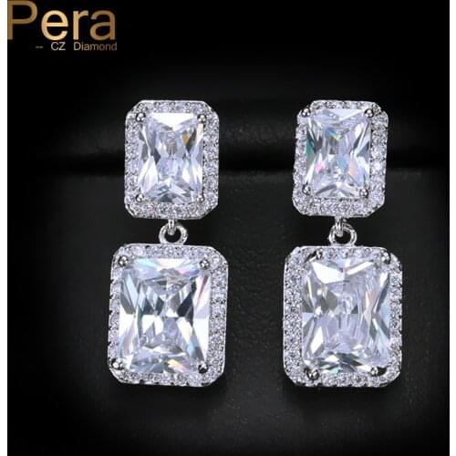 Pera Classic Big Square Shape Cubic Zirconia Sparkling Silver Color Long Dangle Drop Earrings for Women Prom Party Jewelry E034