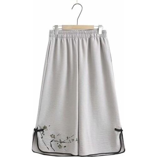 Plus Size White Black Womens Wide Leg 8/10 Pants Elastic Waist Straight Floral Embroidery Vintage Trousers