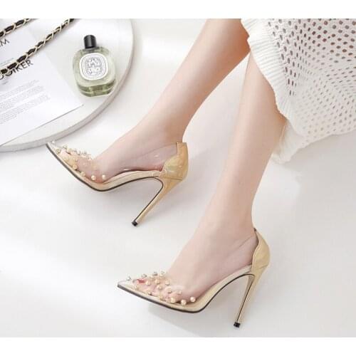 2021 New rivet pointed toe silver gold high heels womens shoes 2020 transparent PVC women pumps wedding party ladies shoes new