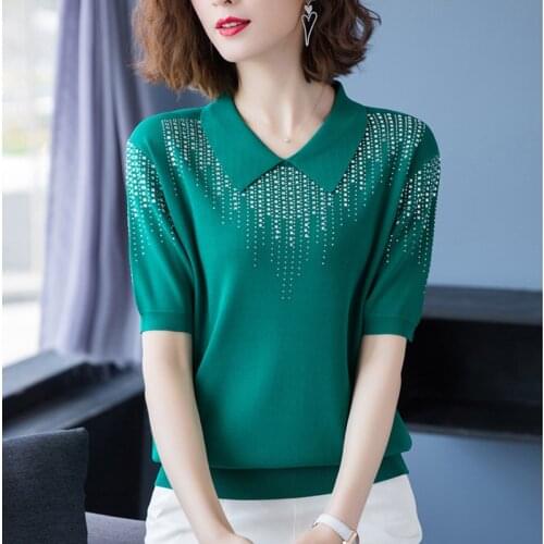 Summer Turn-down Collar Diamonds Womens Sweater Knitted Elegant Pullovers Female Clothing Solid Short Sleeve Tops Women 2021