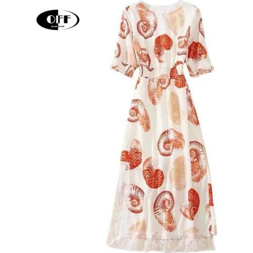 Designer Snail Print Midi-long Dress Elegant Vintage Short Sleeve Elastic Waist Lace Up Summer Classy Dresses Women Clothes Robe