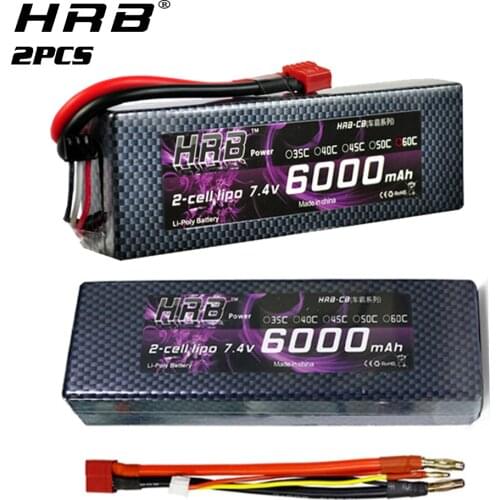 2PCS HRB Lipo Battery 2S 6000mah 7.4V 60c hard case 4.0mm T Deans XT60 plug for trx4 defender RC Car truck 1/12 1/10 racing Boat