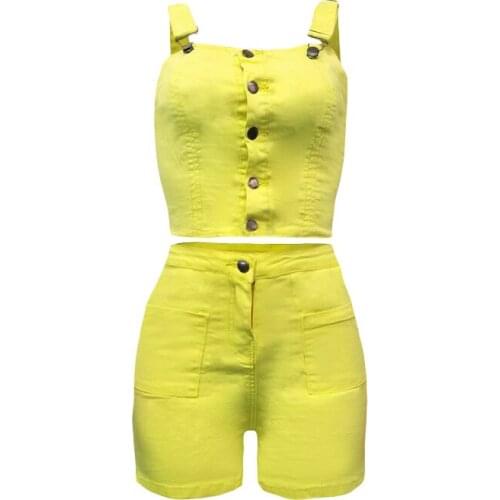 2021 denim womens summer hot blue denim sling top + ultra shorts two-piece red