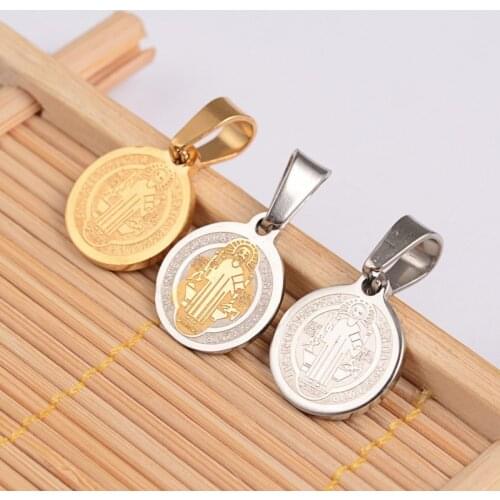 50pcs San Benito & Word 304 Stainless Steel Medal Pendant Charms Flat Round for Jewelry Making DIY Necklace 14x12x1.2mm
