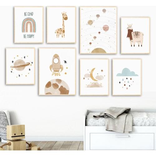 Alpaca Deer Cartoon Universe Sun Star Moon Baby Wall Art Canvas Painting Nordic Posters And Prints Wall Pictures Kids Room Decor