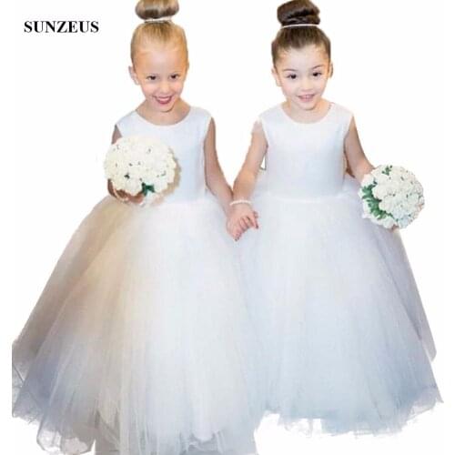 Ball Gown Ivory Flower Girl Dress Simple Long Tulle Wedding Party Gowns For Children Kids Communion Dresses With Bow FLG013