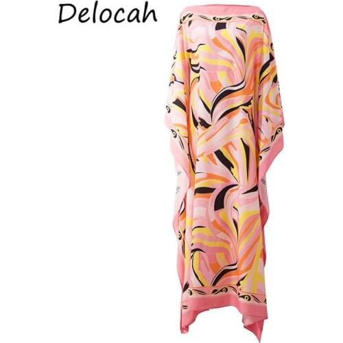 Delocah New 2021 Summer Women Fashion Designer Loose Dress Batwing Sleeve Geometric Printed Elegant Beach Holiday Maxi Dresses