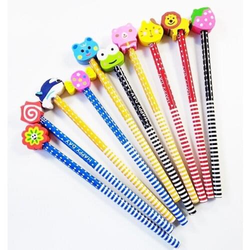 50 Pcs/lot Wood Gift Pencil With Animals Eraser Head Christmas Gift For Kids Cute Fashion Party Favors Pencil School Supplies