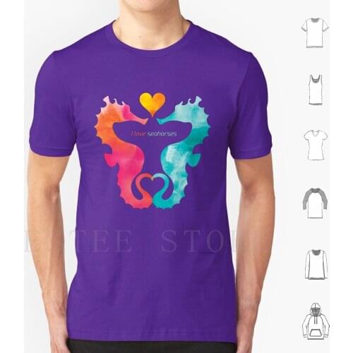 Love Seahorses-Heart Sun T Shirt DIY Big Size 100% Cotton Seahorse Love Pink Blue Teal Orange Heart Sun Animals Watercolor