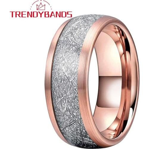 Tungsten Carbide Rings For Men Women Wedding Band 8MM Rose Gold Meteorite Inlay Brushed Finish Comfort Fit