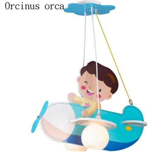 Cartoon creative blue aircraft chandelier boys bedroom children room light modern personality simple LED wooden Chandelier
