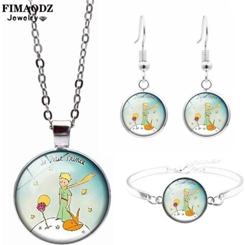 FIMAODZ The Little Prince and Fox Rose Jewelry Sets Cartoon Glass Photo Handmade Necklace Earrings Bracelet Set Fashion Gift