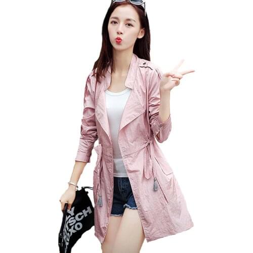 New Single-Layer All-Match Spring Autumn Thin Women Windbreaker Mid-Long Receive Waist Ladies Coat Summer Sun Protection Jacket