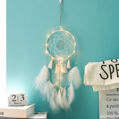 Girl Heart Dream Catcher National Feather Ornaments Lace Ribbons Feathers Wrapped Lights Dreamcatcher Wind Chimes Decorations