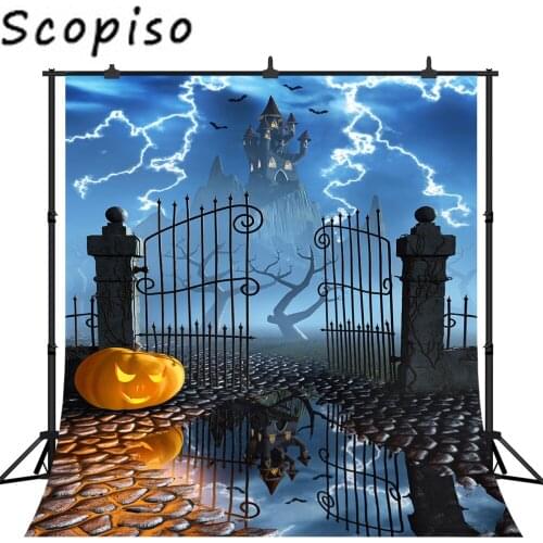 Scopiso Halloween Photography Backdrop Lightning Castle Pumpkin Background Trick or Treat Party Banner Photoshoot Studio Props