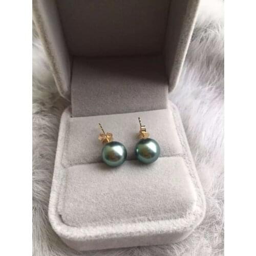 Genuine 9mm Real South Sea gray Pearl Earrings 14K/20 Solid Yellow Gold