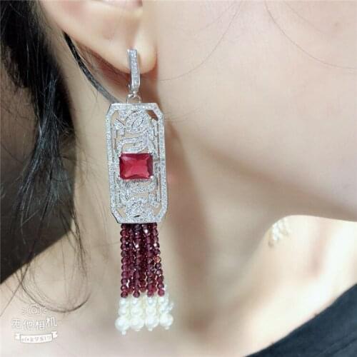 3.5" White Pear with Red chalcedony CZ Micro Pave Silver Plated Red Crystal Lever back Earrings