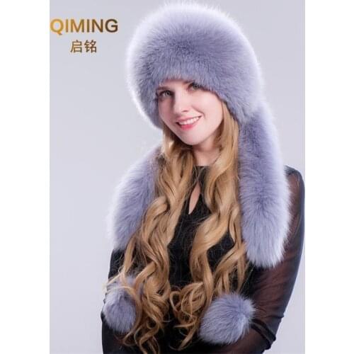 New Fox Fur Hat Pompom Thicken Winter Pom Pom Cap For Women Ear Protection Woman Keep Warm Long Tassels Rabbit Hat Top Beanies
